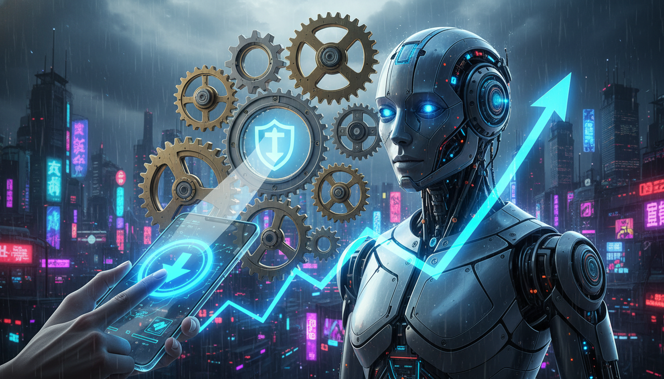 仮想通貨の上昇トレンドを示すグラフと、それを冷静に分析するAIロボットの図解風イラスト。人間の焦りや欲などの感情を排除し、月利をコントロールしながら安定運用を行う仕組みを、歯車や盾のアイコン、そしてス