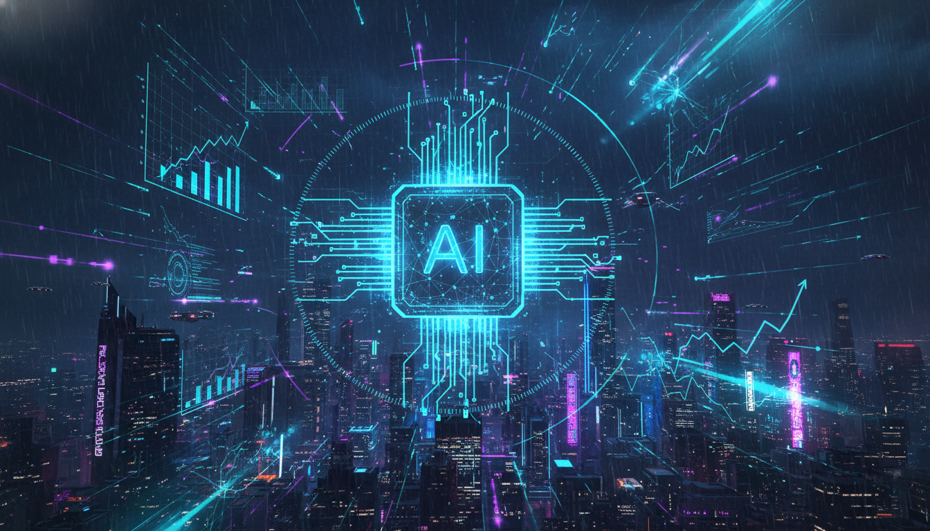 高度なAIが膨大な市場データをリアルタイムで分析している様子を表すデジタルアート。画面の中心に光るAIコアのシンボルがあり、その周りを複数のデジタルチャートや上昇トレンドのグラフが高速で飛び交っている