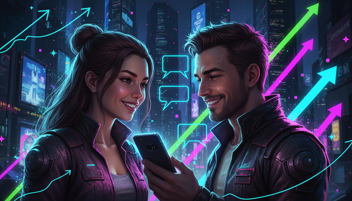 スマートフォンを見ながら笑顔で会話している男女のイラスト。周囲には空の吹き出しがいくつか浮遊しており、口コミや評判を共有している様子を表現している。背景には上昇トレンドを示すポップな矢印やキラキラした