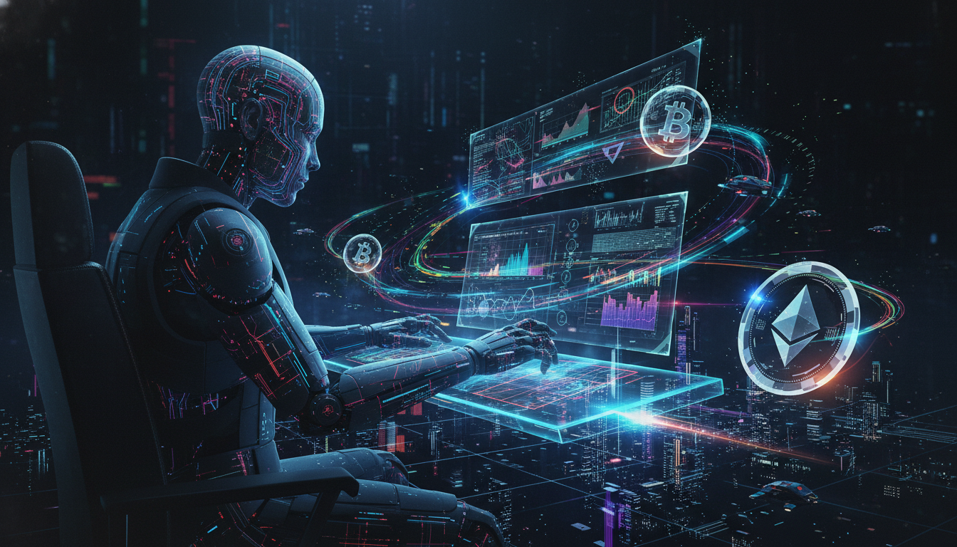 近未来的なサイバー空間で、AI（人工知能）がデジタルなチャートやグラフを解析しながら自動で暗号資産の取引を行っている様子を表現した概念的なイラスト。ホログラムのように浮かび上がる複数のコインやデータス