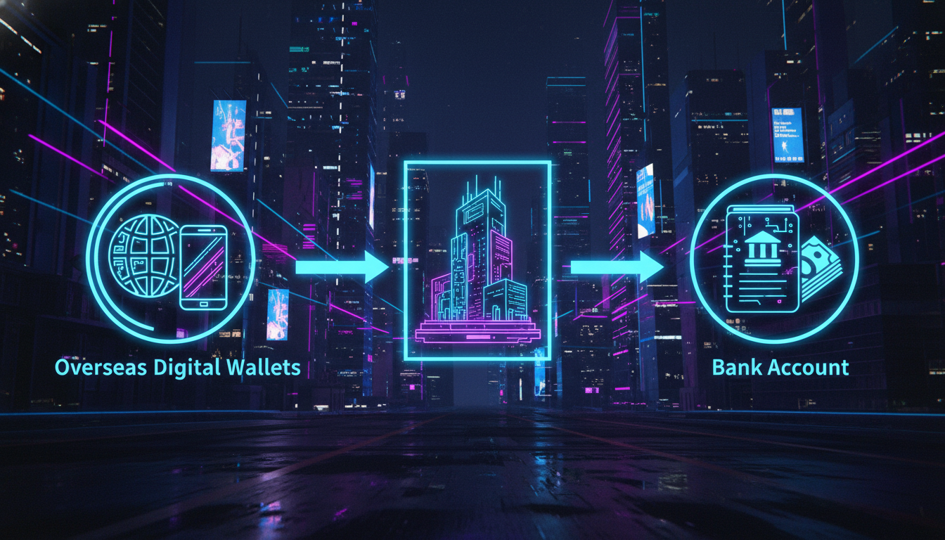 資金が海外から日本の銀行へ移動する流れを視覚化したフローチャート風のイラスト。左側に「海外のデジタルウォレット」を示す地球儀とスマートフォンのアイコン、中央に「国内の交換所」を示すビルのアイコン、右側